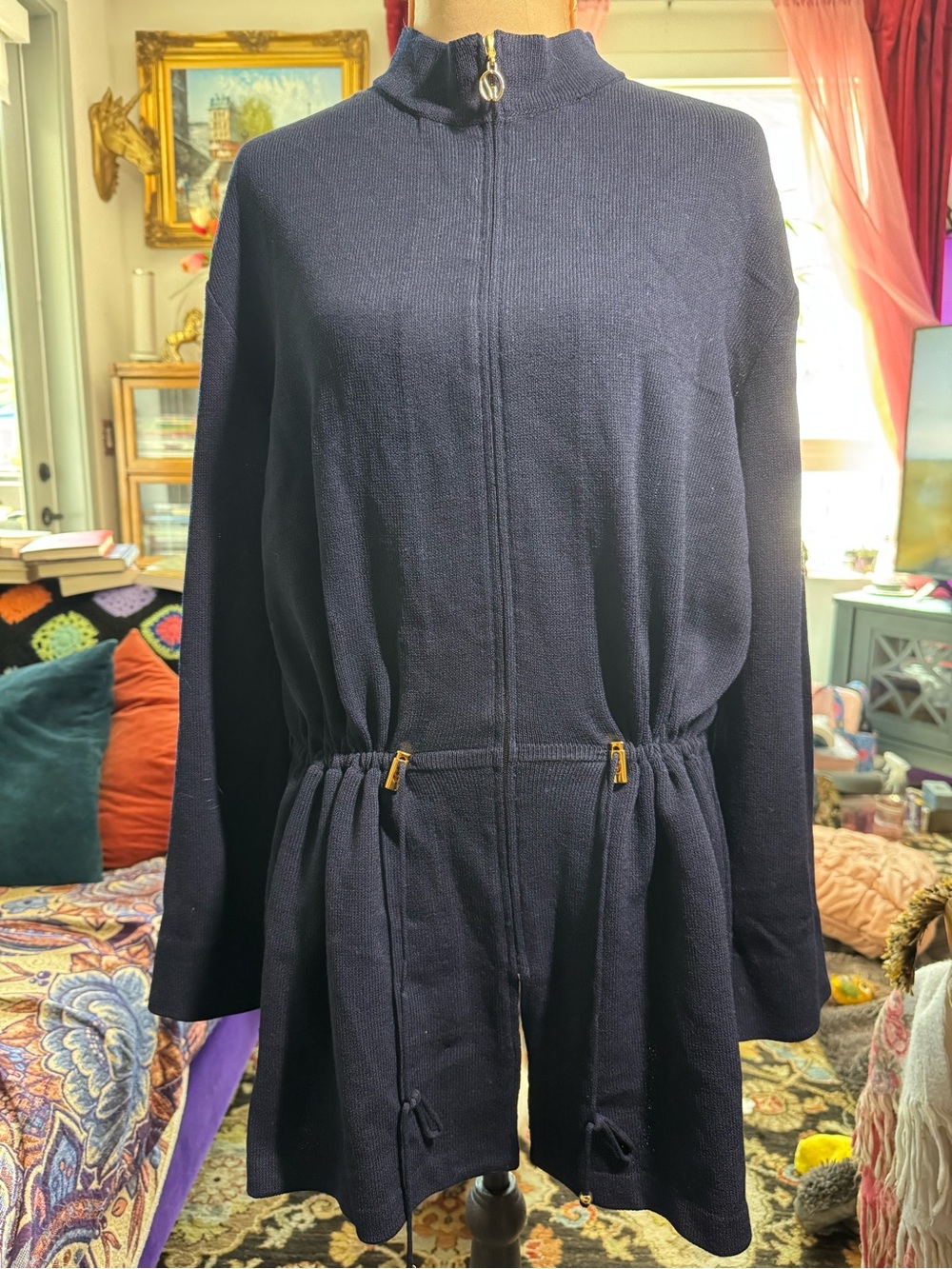 St. John Sport Marie Gray Navy Wool Zip Tunic Cardigan L Vintage